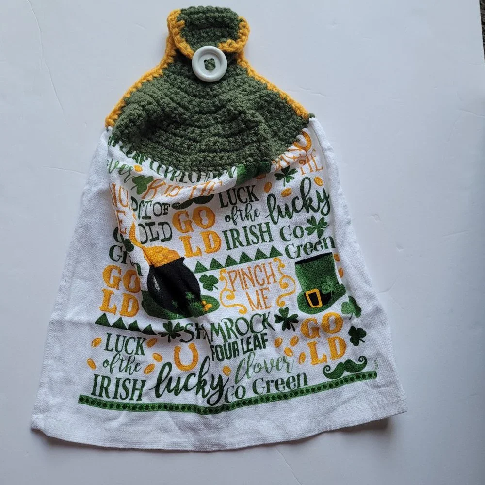 Handmade Kitchen Towel Irish Lucky Gold Crotchet Top With Button For Hanging